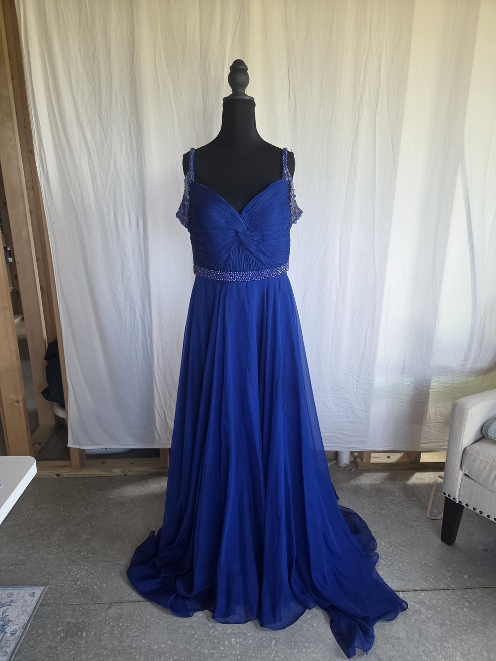 Sherri Hill Size 14 Royal Blue Beaded Chiffon Pageant Prom Gown